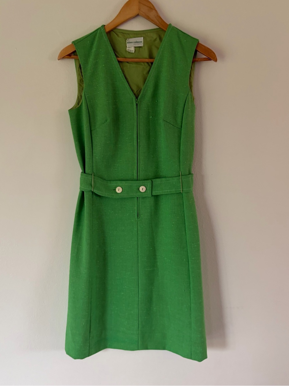 Alex Colman California‎ Vintage Green Sleeveless Woven Belted Zipper Front Dress